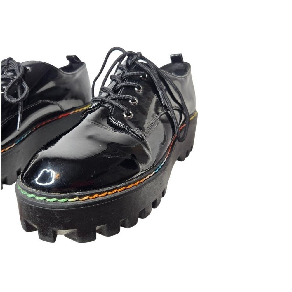 Vintage Y2K Bamboo Platform Oxfords Black Patent Rainbow Stitch Sz 8.5 / 9 Pride